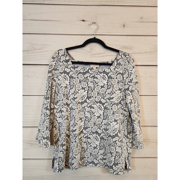 Loft Outlet Women's Blue White Floral 3/4 Sleeve‎ Square Neck Blouse Size Medium - Picture 1 of 6